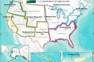 Map of USA with Climate Hubs regions outlined in colors.