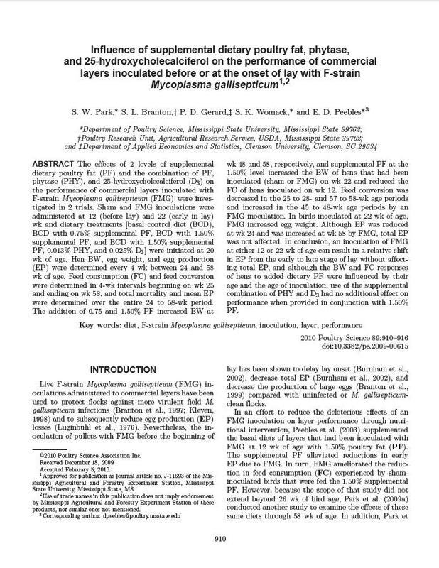 Influence of supplemental dietary poultry fat, phytase, and 25-hydroxycholecalciferol on the performance of commercial layers inoculated before or at the onset of lay with F-strain Mycoplasma gallisepticum.jpg