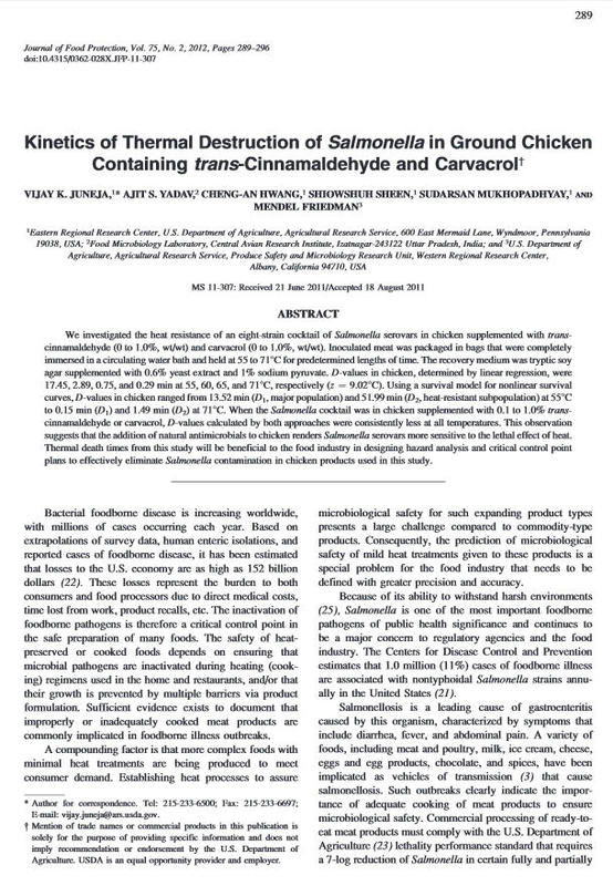 Kinetics of Thermal Destruction of Salmonella in Ground Chicken Containing trans-Cinnamaldehyde and Carvacrol.jpg