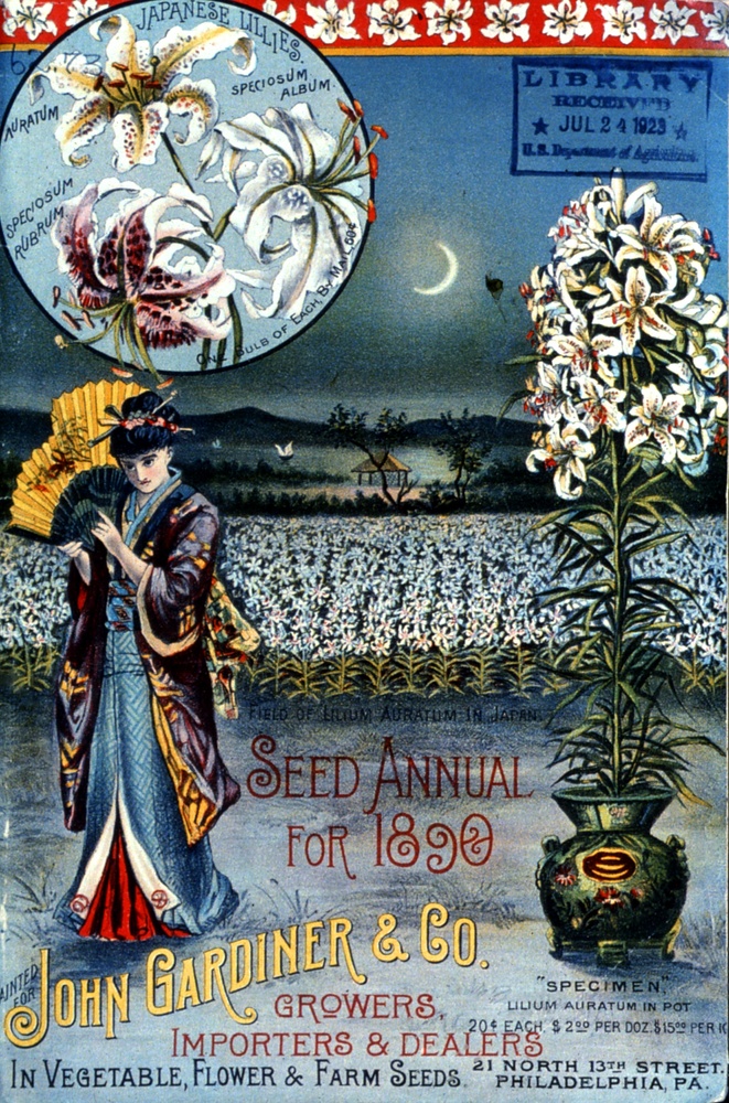 Cover of John Gardiner and Co., 1890. Circle at top left reads 'Japanese Lilies' with scientific names. Main text reads: Field of Irium Auratim In Japan / Seed Annual / For 1890 / John Gardiner & Co. / Growers, Importers & Dealers / In Vegetable, Flower & Farm Seeds. / 21 North 13th Street. / Philadelpha, PA.