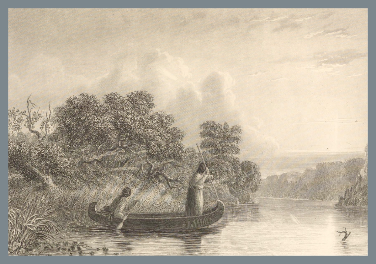 illustration of two people paddling a canoe across a river