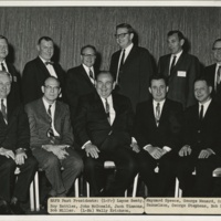 NAFB Past Presidents (L-Fr) Layne Beaty, Roy Battles, John McDonald, Jack Timmons, Bob Mill. (L-Bk) Wally Erickson, Maynard Speece, George Menard, Orion Samuelson, George Stephens, Bob Nance. Photographed in November 1967.