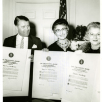 These three were among the five who received President Eisenhower&#039;s Award for Distinguished Federal Civilian Service in a White House ceremony. From left to right: Wernher Von Braun, director of Development Operations for the Army Ballistic Missile Agency; Hazel K. Stieveling, director of the Institute of Home Economics of the U.S. Department of Agriculture; Mrs. Doyle L. Northrup, who accepted the award for her husband, Doyle L. Northrup, technical director of the Air Force Special Weapons Squadron.