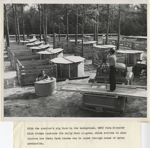 Thumbnail for the first (or only) page of With the station&#039;s pig farm in the background, WNCT Greenville, North Carolina Farm Director Dick Stokes conducts his daily farm program, which strives to show farmers how their farm income can be upped through means of swine production..