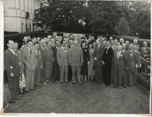 Thumbnail for the first (or only) page of President Harry Truman with the Radio Farm Directors at a While House conference held on May 2, 1949..