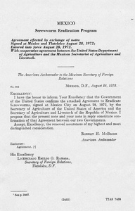 Thumbnail for the first (or only) page of Screwworm Eradication Program:  Agreement Between the United States of America and Mexico.