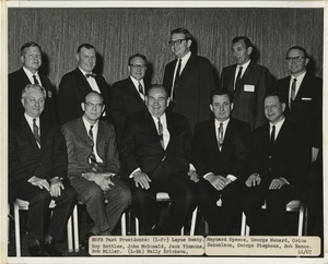 Thumbnail for the first (or only) page of NAFB Past Presidents (L-Fr) Layne Beaty, Roy Battles, John McDonald, Jack Timmons, Bob Mill. (L-Bk) Wally Erickson, Maynard Speece, George Menard, Orion Samuelson, George Stephens, Bob Nance. Photographed in November 1967..