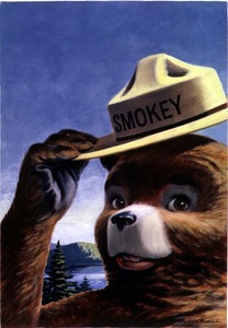 Thumbnail for the first (or only) page of A painting of Smokey Bear smiling and tipping his ranger&#039;s hat.