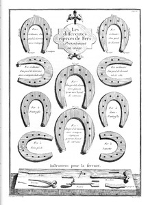 Thumbnail for the first (or only) page of Various types of horseshoes from one of the most significant works on the art of dressage.
