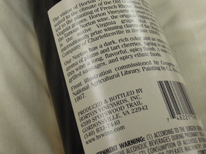 Thumbnail for the first (or only) page of Horton Vineyards wine bottle.